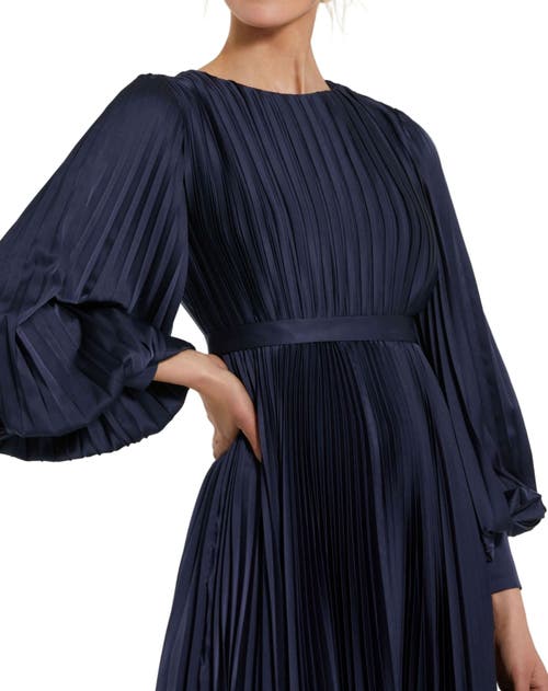 Mac Duggal Long Sleeve Pleated Handkerchief Dress In Blue