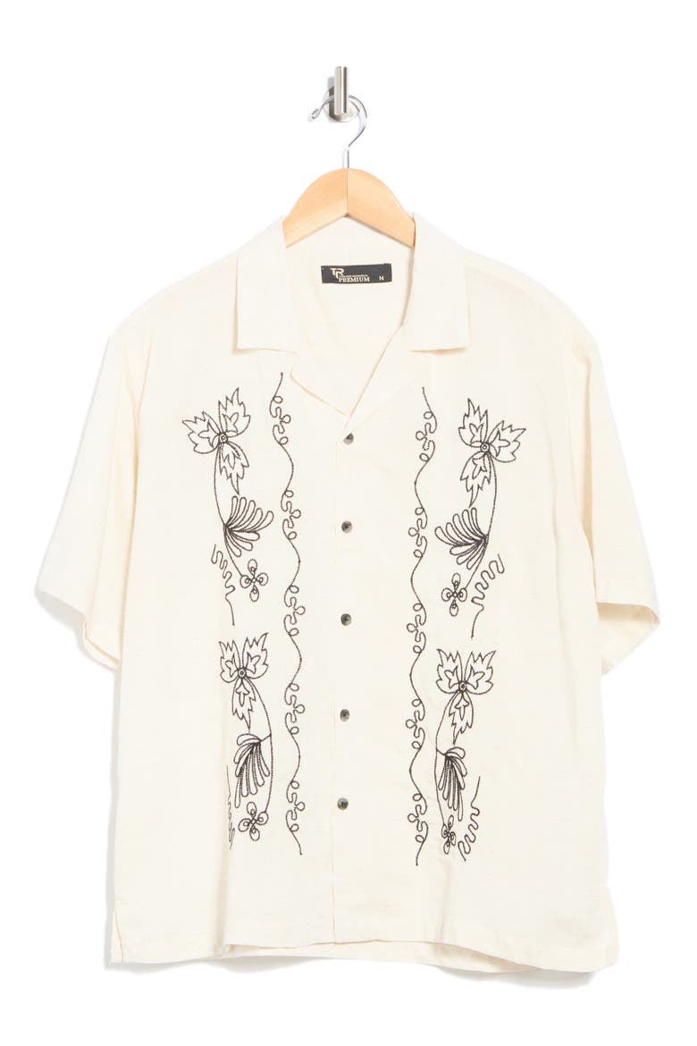 Boxy Fit Floral Embroidered Camp Shirt, Alternate, color, FLAX