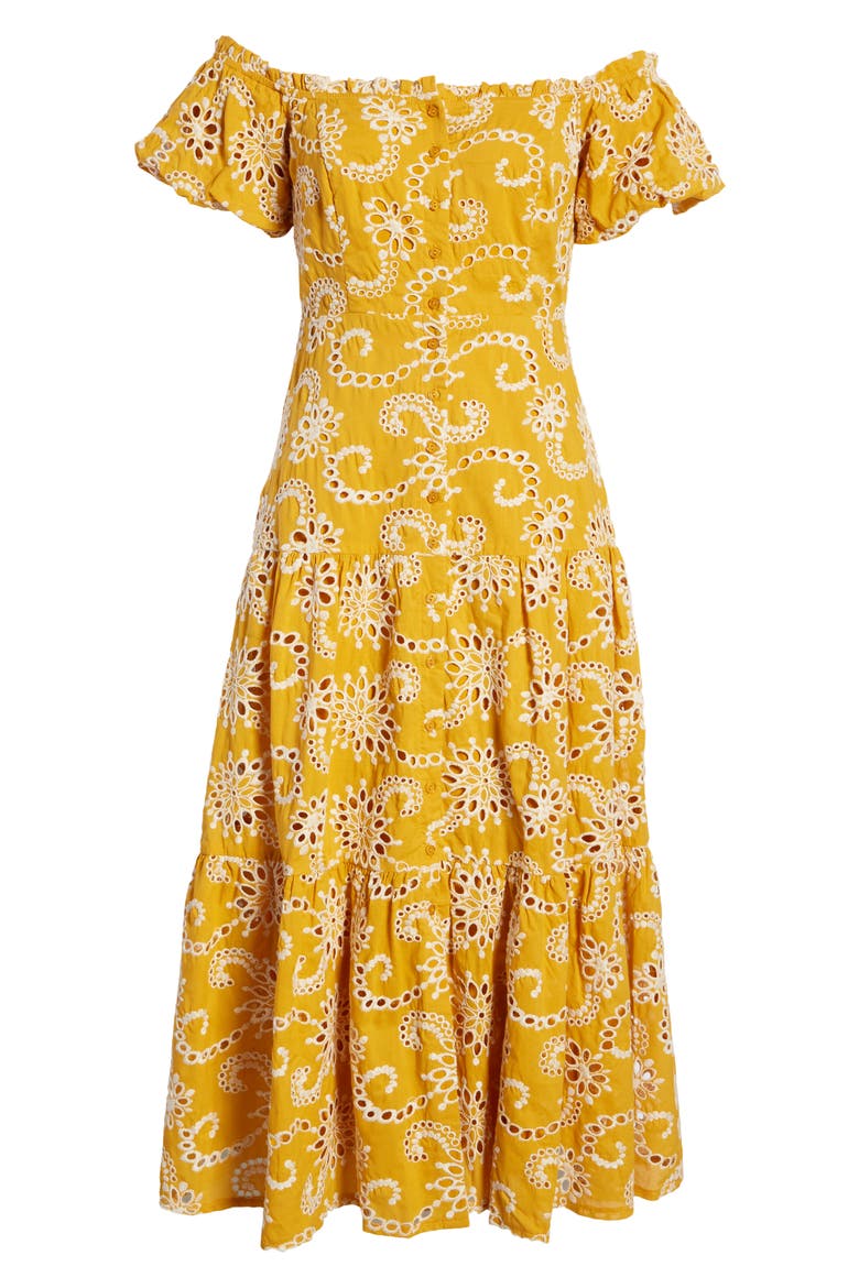 Off the Shoulder Tiered Midi Dress, Alternate, color, MUSTARD