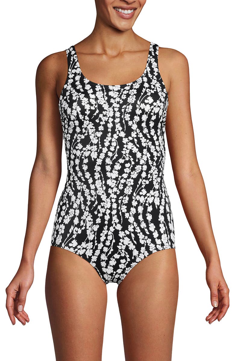 Lands' End D-Cup Chlorine Resistant Scoop Neck Soft Cup Tugless Sporty One Piece Swimsuit Print, Alternate, color, Black/White Vine Floral