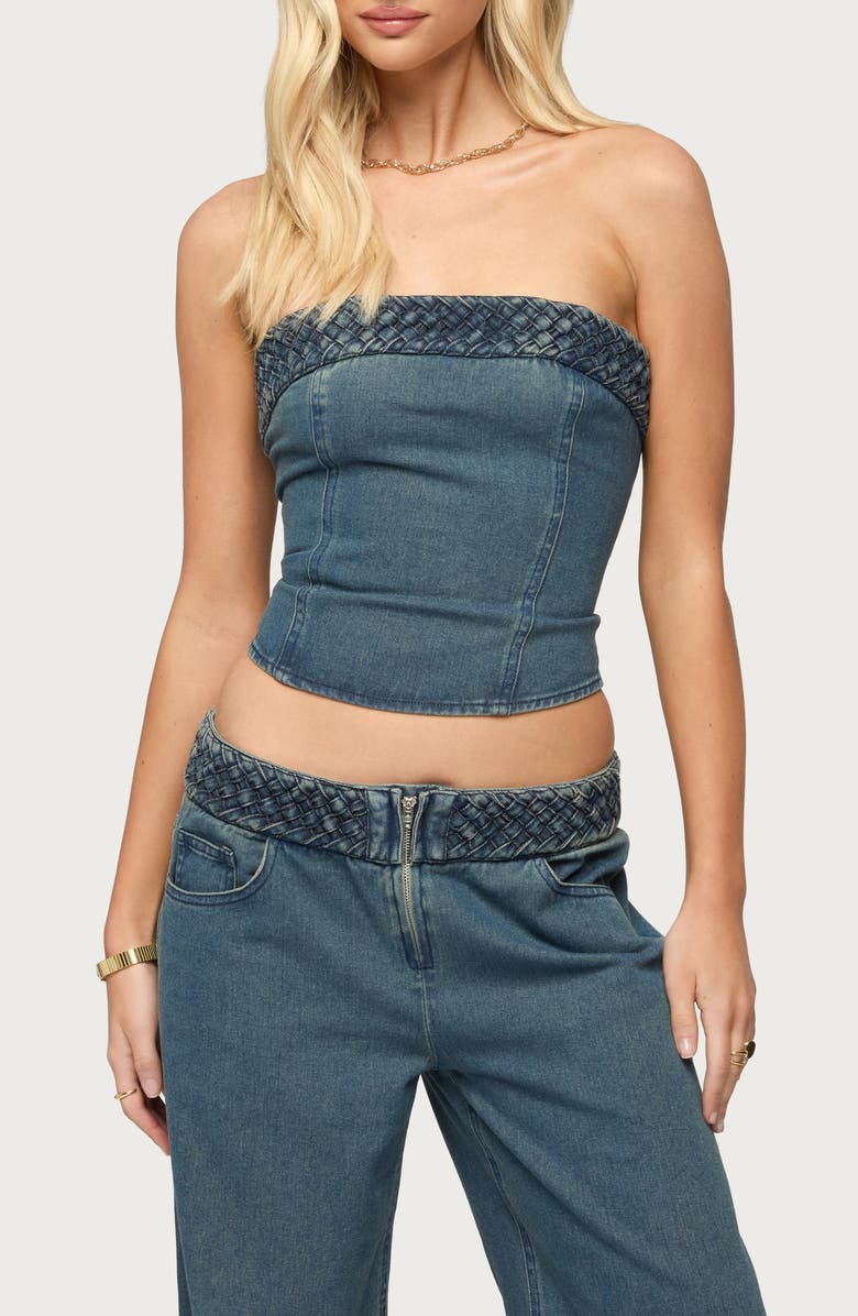 EDIKTED Braidey Strapless Lace-Up Denim Crop Top, Main, color,