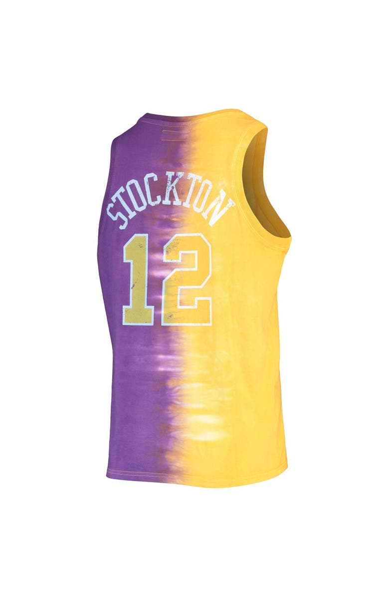Mitchell & Ness Men's Mitchell & Ness John Stockton Gold/Purple Utah Jazz Hardwood Classics Tie-Dye Name & Number Tank Top, Alternate, color, 