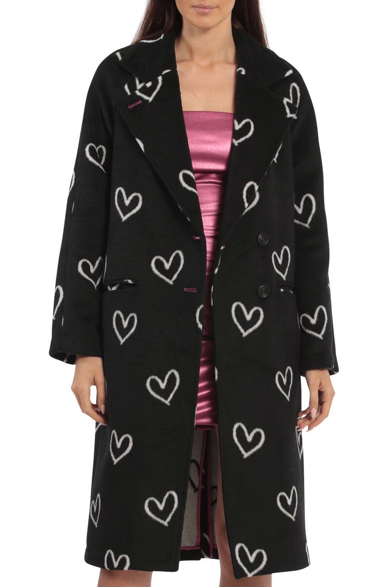 Heart Jacquard Brushed Fleece Coat, Main, color, BLACK AND WHITE HEART