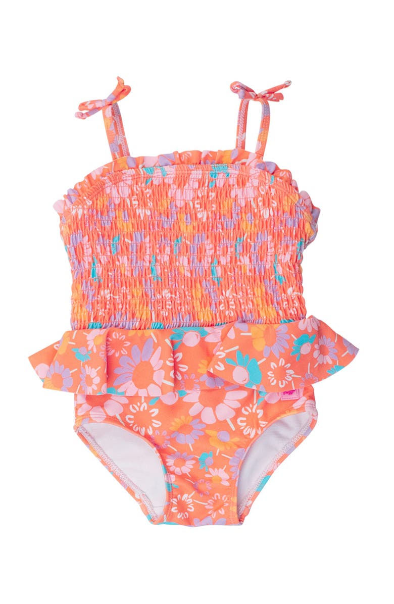 RuffleButts Toddler Girls UPF50+ Peplum Smocked Bodice One Piece, Main, color, Coral Floral