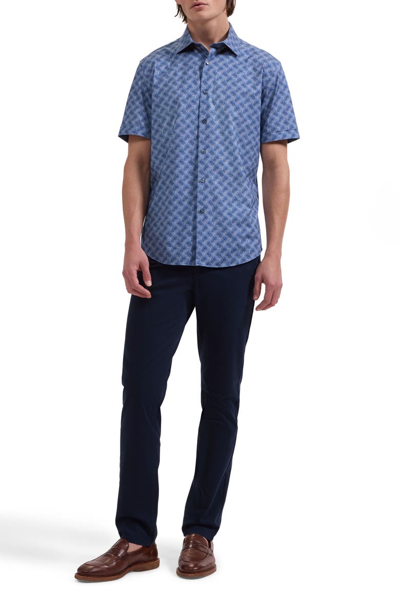 Bugatchi Miles OoohCotton<sup>®</sup> Leaf Print Short Sleeve Button-Up Shirt, Alternate, color, Cobalt