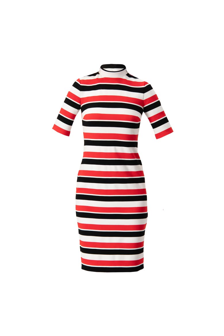 Striped Fitted Midi Dress, Alternate, color, Black-Red