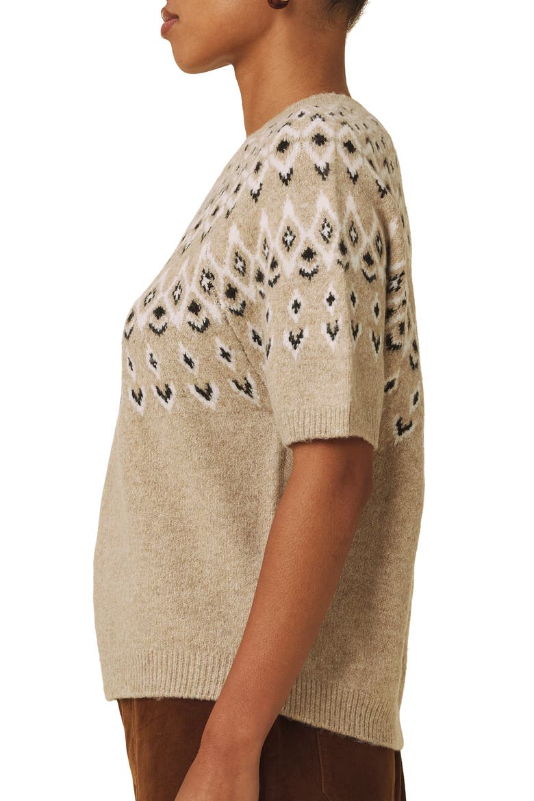Fair Isle Short Sleeve Sweater, Alternate, color, LIGHT CAMEL BROWN