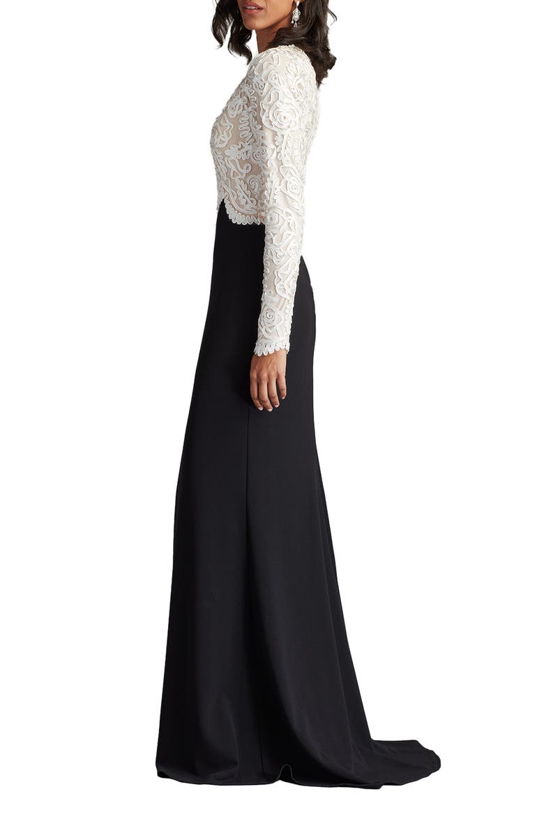 Scroll Lace Long Sleeve Crepe Gown, Alternate, color, IVORY/ BLACK