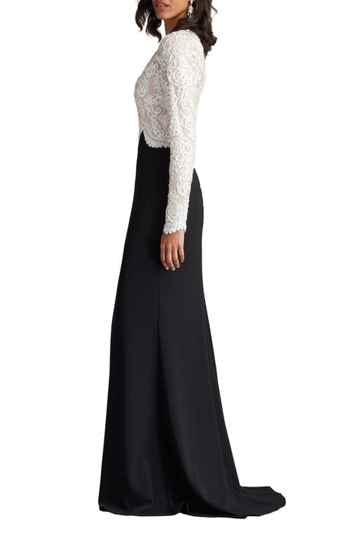 Tadashi Shoji Scroll Lace Long Sleeve Crepe Gown In Black