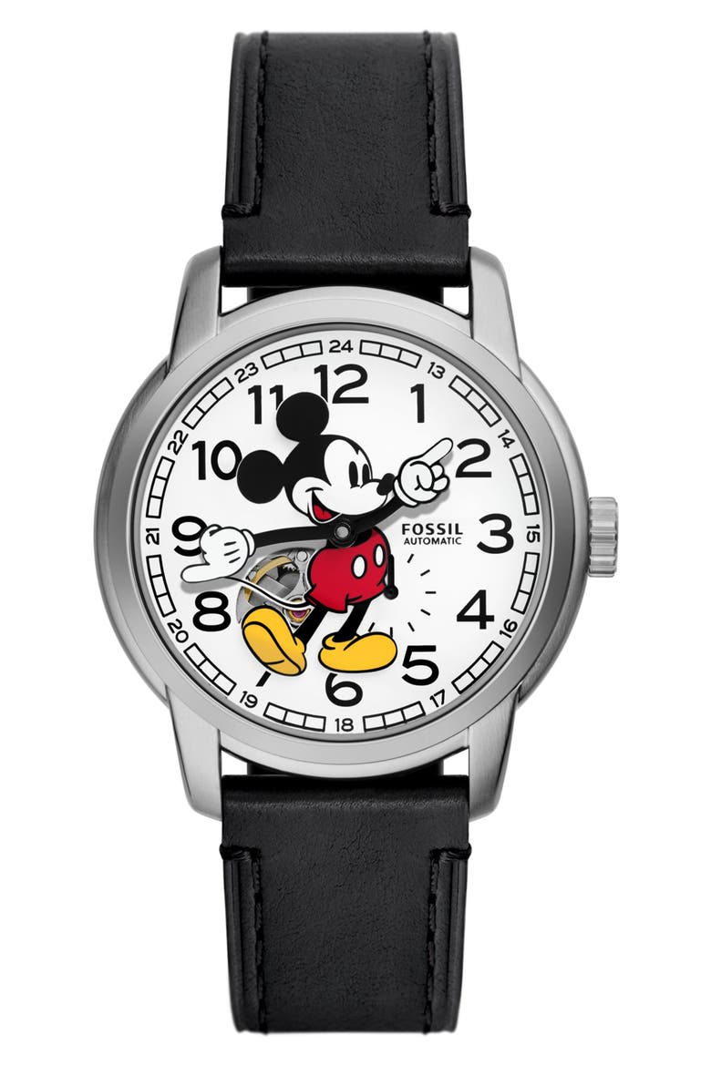 x Disney Classic Disney Mickey Mouse Leather Strap Watch, Main, color, BLACK