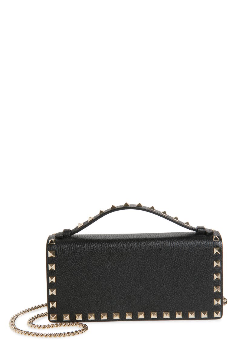 Rockstud Leather Wallet on a Chain, Main, color, BLACK