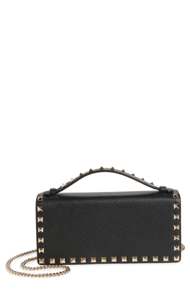 Valentino Garavani Rockstud Leather Wallet on a Chain, Main, color, Black