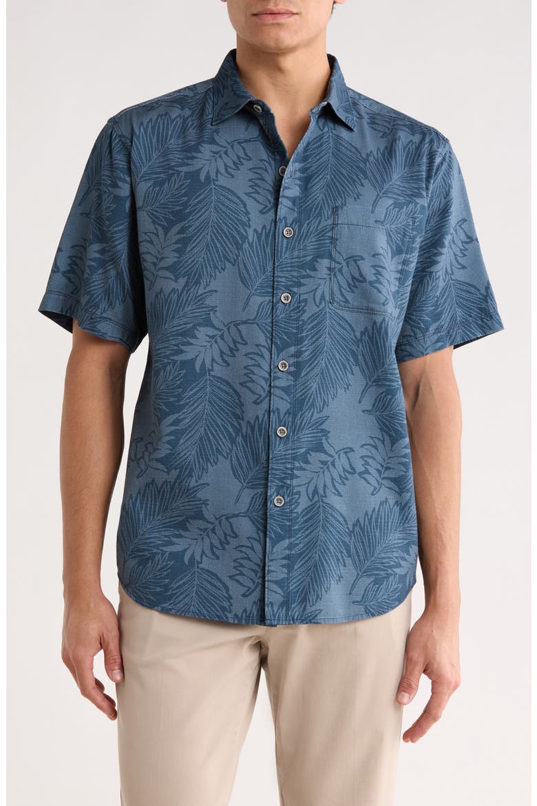 Luau Leaves Short Sleeve Button-Up Shirt, Main, color, NAVY