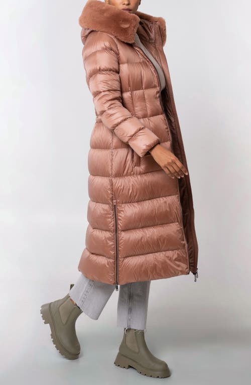 The Recycled Planet Company Lexi Water Resistant Hooded Nylon Down Puffer Coat With Faux Fur Trim In Brown