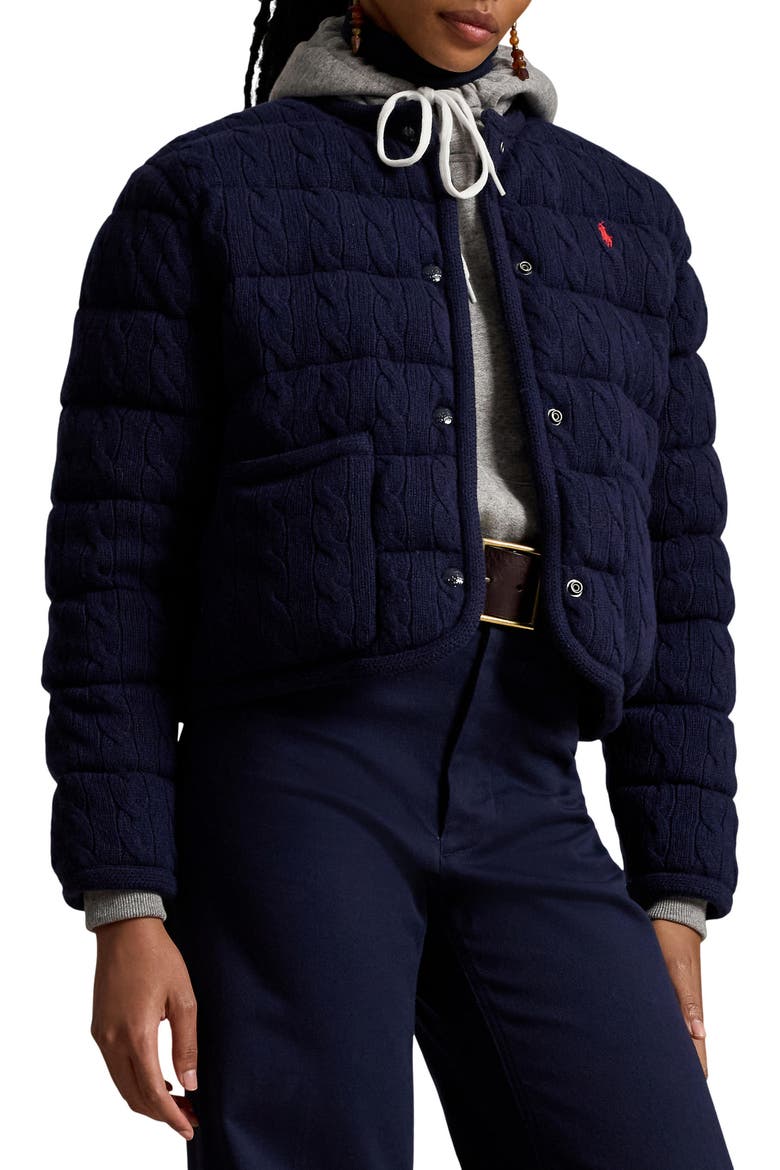 Padded Cable Stitch Wool & Cashmere Puffer Jacket, Main, color, HUNTER NAVY