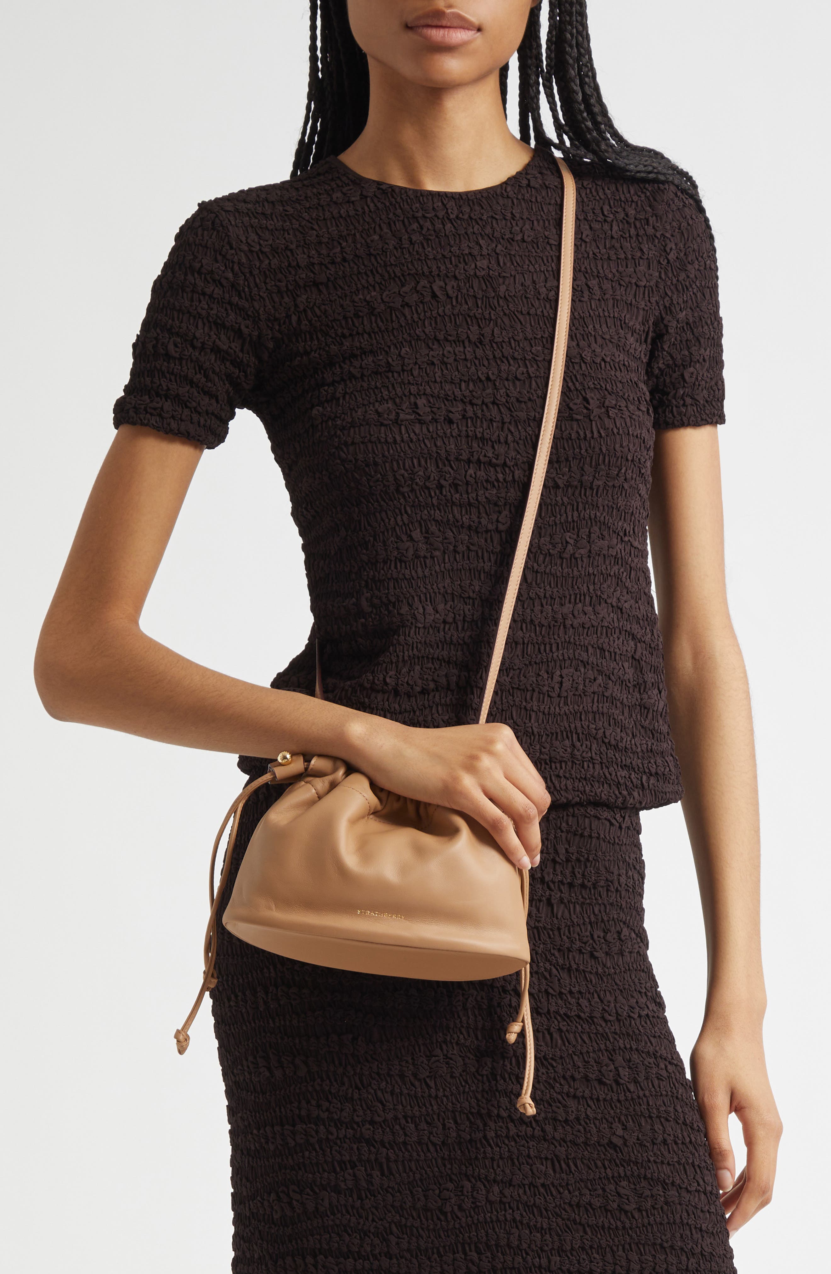 Strathberry Drawstring Soft Napa Leather Drawstring Bucket Bag, Alternate, color, Caramel