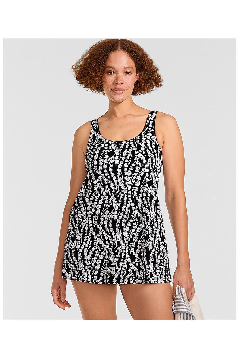 D-Cup Scoop Neck Swim Dress Swimsuit, Alternate, color, Black/White Vine Floral