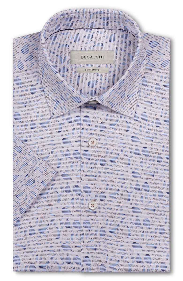 Bugatchi Miles OoohCotton<sup>®</sup> Stripe Leaf Print Short Sleeve Button-Up Shirt, Alternate, color, Sand