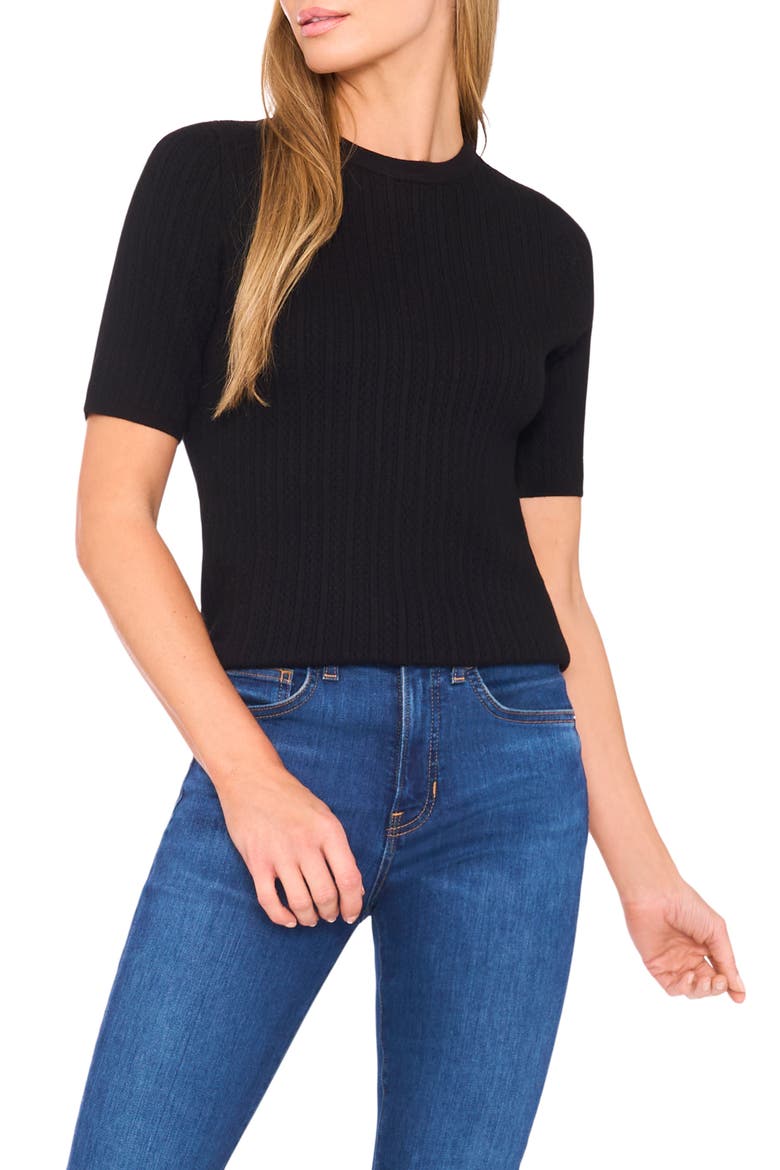Pointelle Stitch Short Sleeve Sweater, Main, color, RICH BLACK