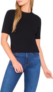 Halogen® Pointelle Stitch Short Sleeve Sweater