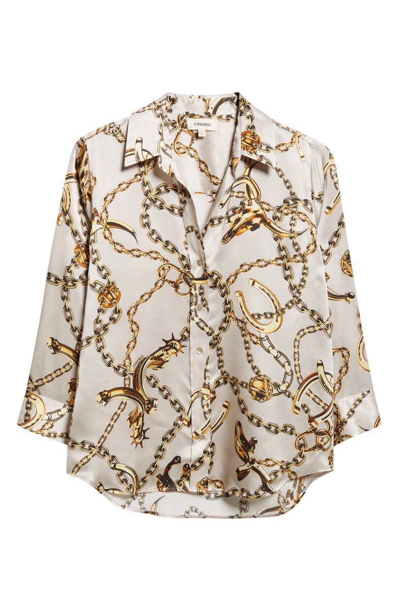 L'AGENCE Dani Chain Print Silk Button-Up Shirt, Alternate, color, Smoke Grey/Gold Long Horn Chai