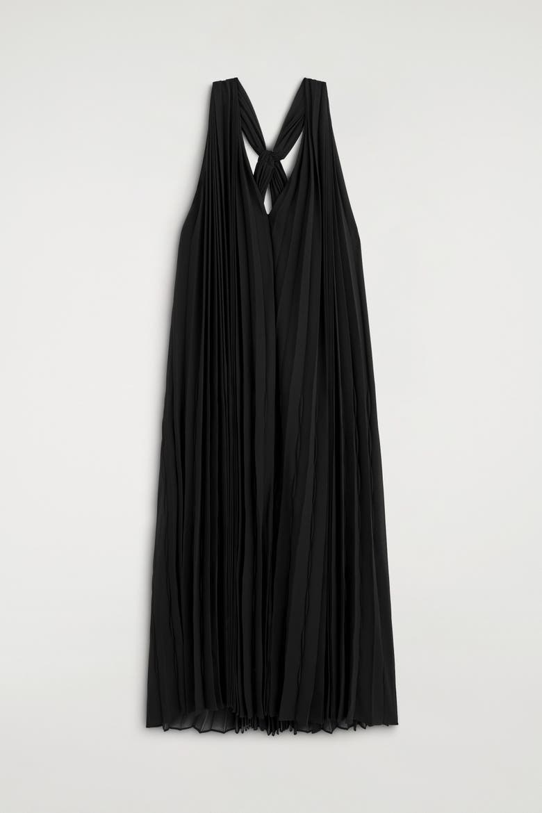 Tie-detail Pleated Georgette Maxi Dress, Alternate, color, BLACK