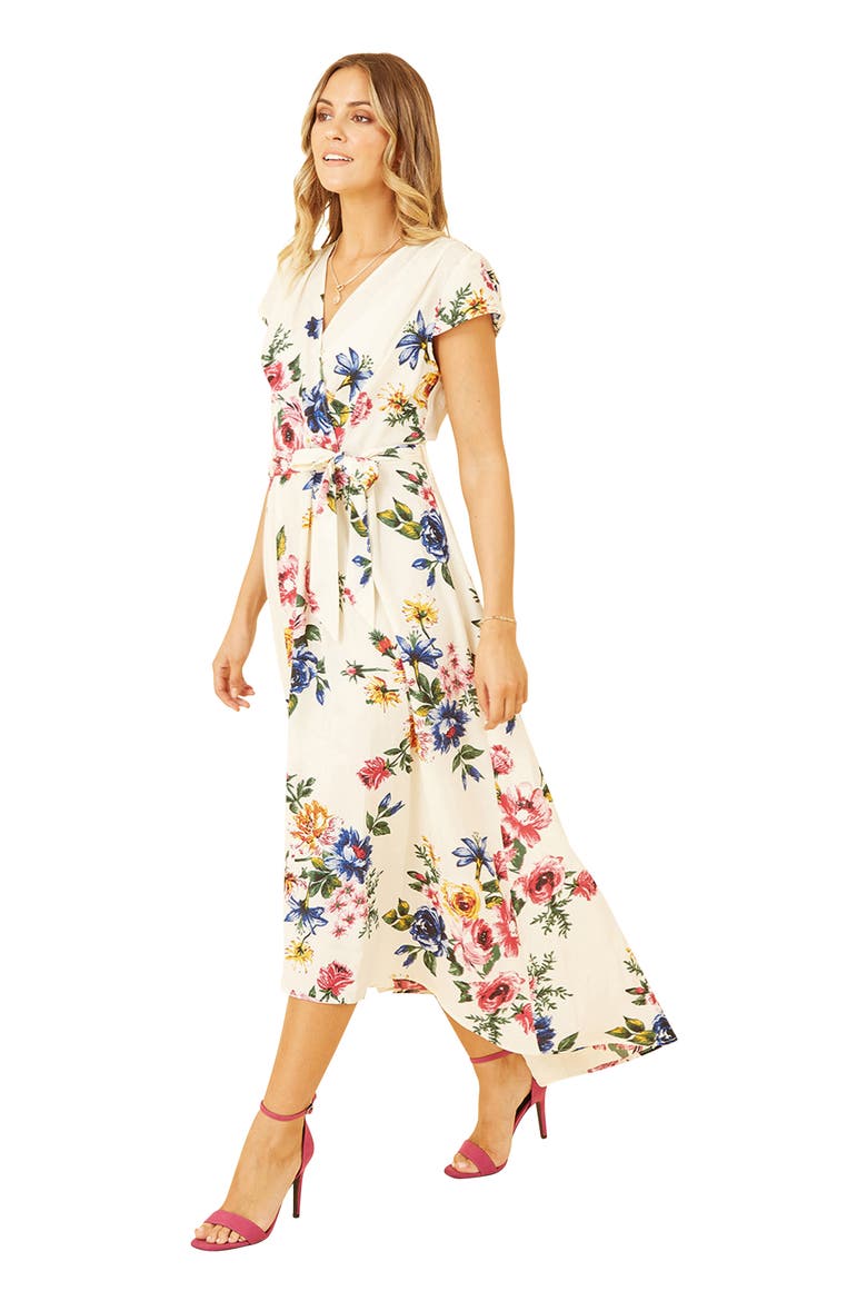 Floral Print Dip Hem Wrap Dress, Main, color, Ivory