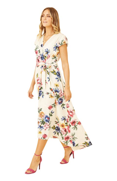 Floral Print Dip Hem Wrap Dress