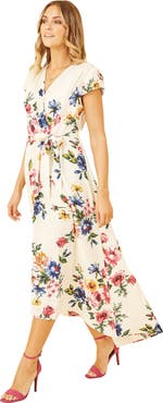 Yumi Floral Print Dip Hem Wrap Dress