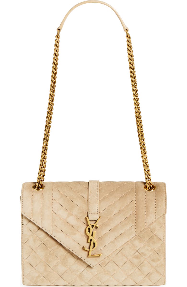 Saint Laurent Medium Envelope Suede Crossbody Bag, Main, color, Matt Gold