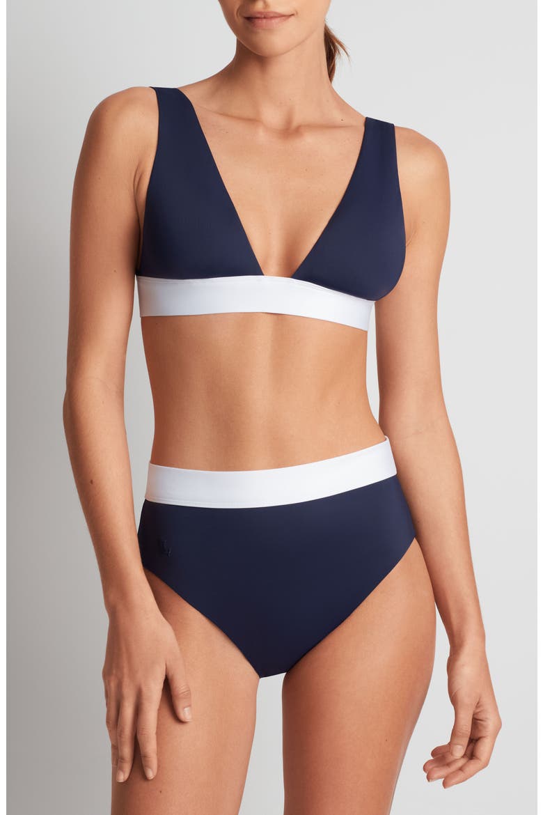 Banded High Waist Bikini Bottoms, Alternate, color, DARK NAVY