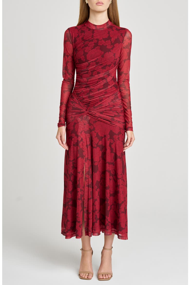 Selene Floral Ruched Long Sleeve Mesh Dress, Main, color, SCARLET ROSES