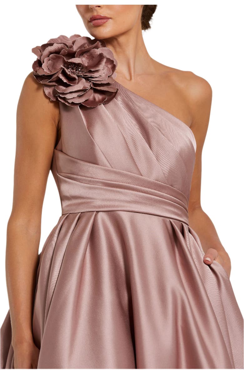 Mac Duggal Pink One Shoulder Satin Ballgown With 3D Flower, Alternate, color, Rose