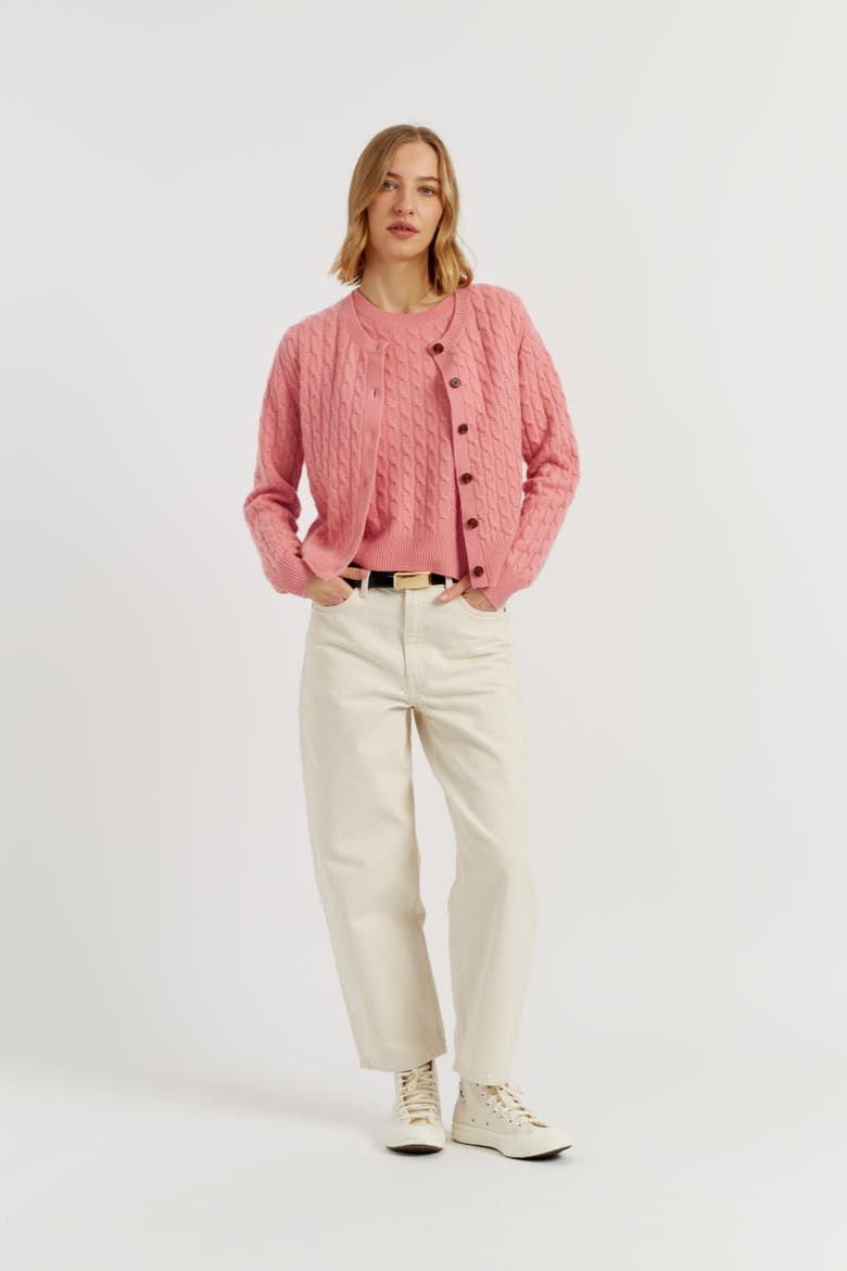 Pure Cashmere Cabled Crew Neck Cardigan, Alternate, color, Salmon