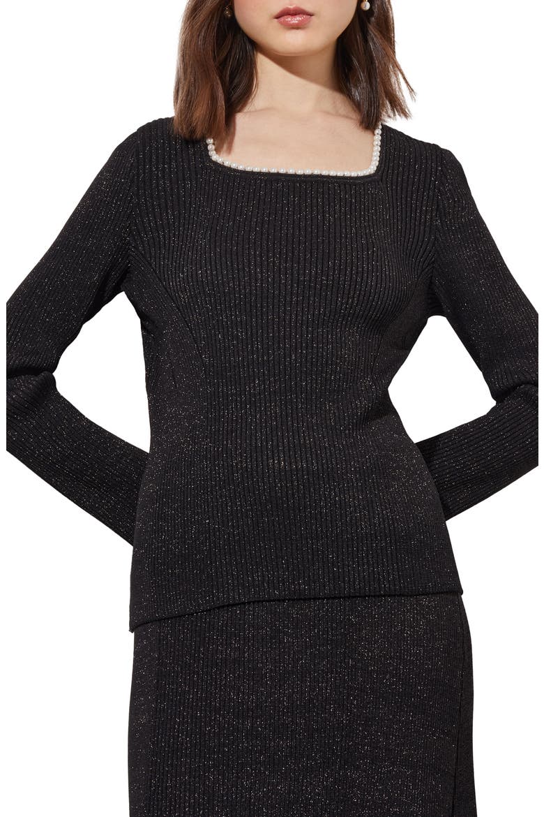 Imitation Pearl Collar Shimmer Rib Sweater, Main, color, BLACK/SILVER