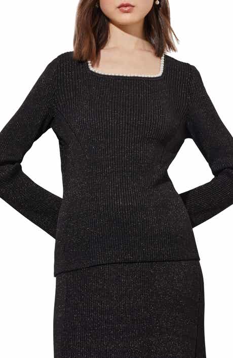 Imitation Pearl Collar Shimmer Rib Sweater