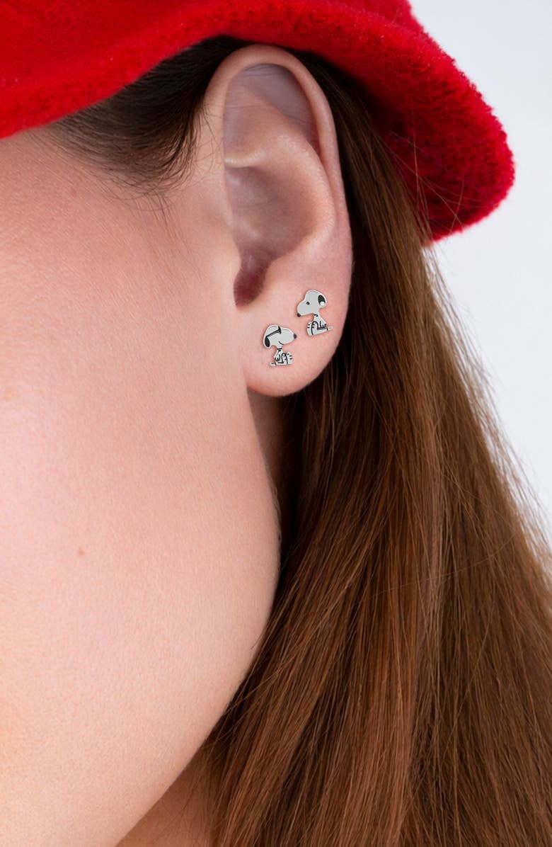 Crislu x Peanuts<sup>®</sup> Snoopy Mismatched Stud Earrings, Alternate, color, Pure Platinum / Clear Stone