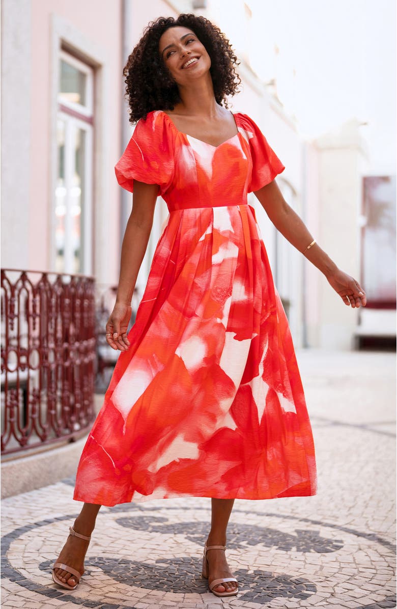 Yumi Floral Midi Dress With Puff Sleeves, Alternate, color, Red