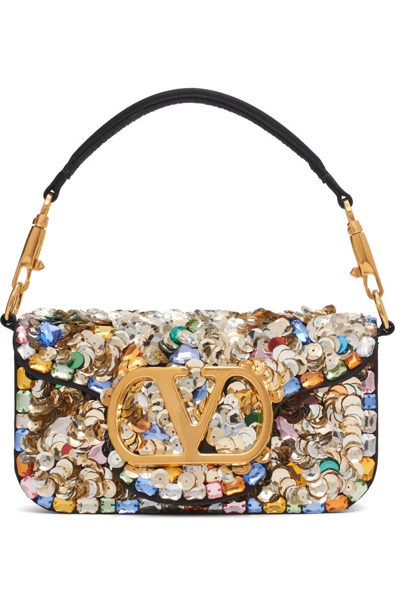 Valentino Garavani Small Locò VLOGO Paillette & Crystal Silk Satin Shoulder Bag, Main, color, Gold Multi