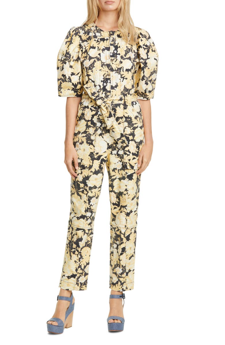 Rebecca Taylor Gold Leaf Puff Sleeve Utility Jumpsuit, Main, color, 