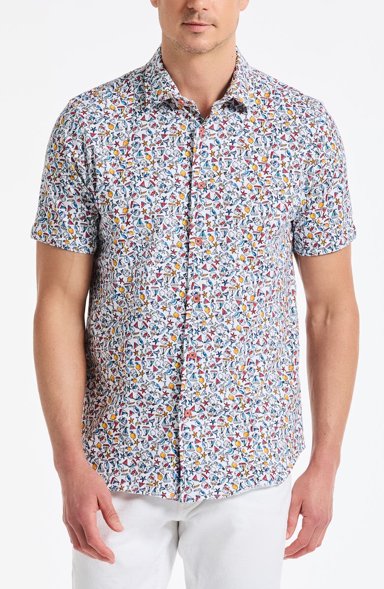 Robert Graham Summer Sails Short Sleeve Cotton Button-Up Shirt, Main, color, White