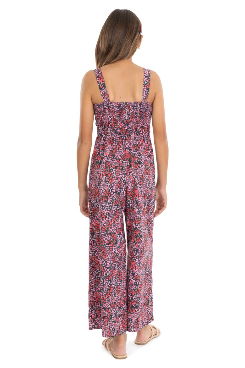 Kids' Floral Bow Front Jumpsuit & Headband Set, Alternate, color, BLACK RED