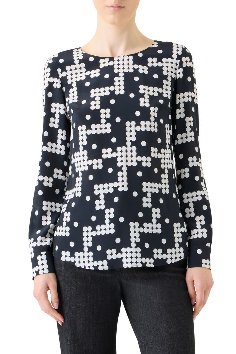 Dot Print Silk Boat Neck Top, Main, color, BLACK-CREAM