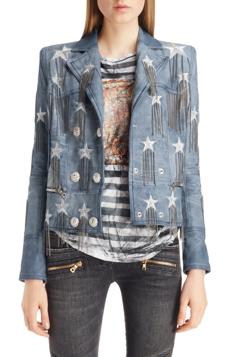 Balmain Star & Chain Embellished Leather Jacket, Main, color, 