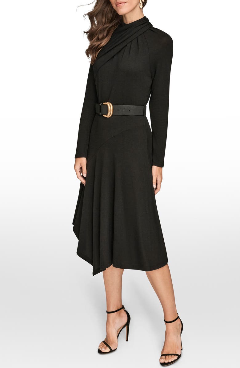 Donna Karan New York Twist Front Long Sleeve Asymmetric Midi Dress, Alternate, color, Black