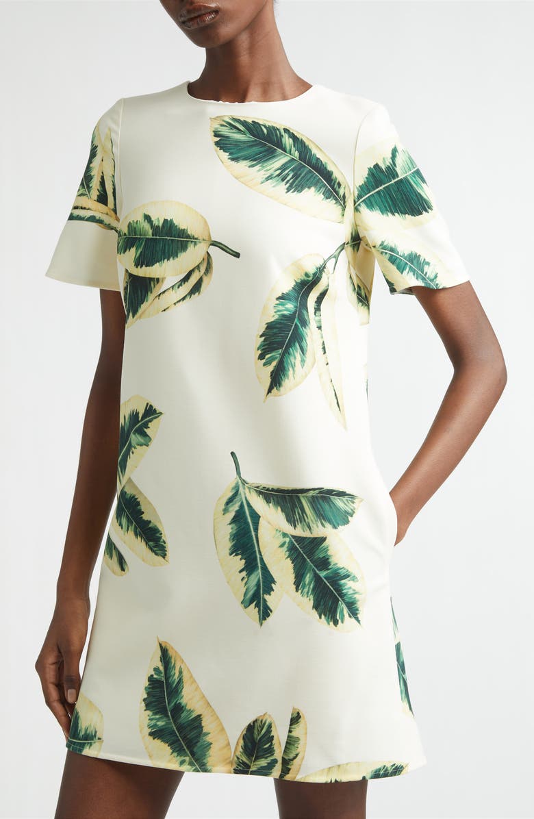 Oscar de la Renta Ficus Leaves Wool Blend Shift Dress, Alternate, color, Green/ Ivory