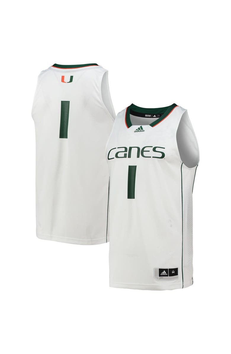 adidas Men's adidas #1 White Miami Hurricanes Team Swingman Basketball Jersey, Main, color, White