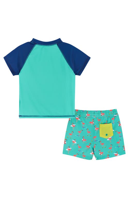 Andy & Evan Flamingo Rashguard T-shirt & Swim Shorts Set In Aqua Flamingo