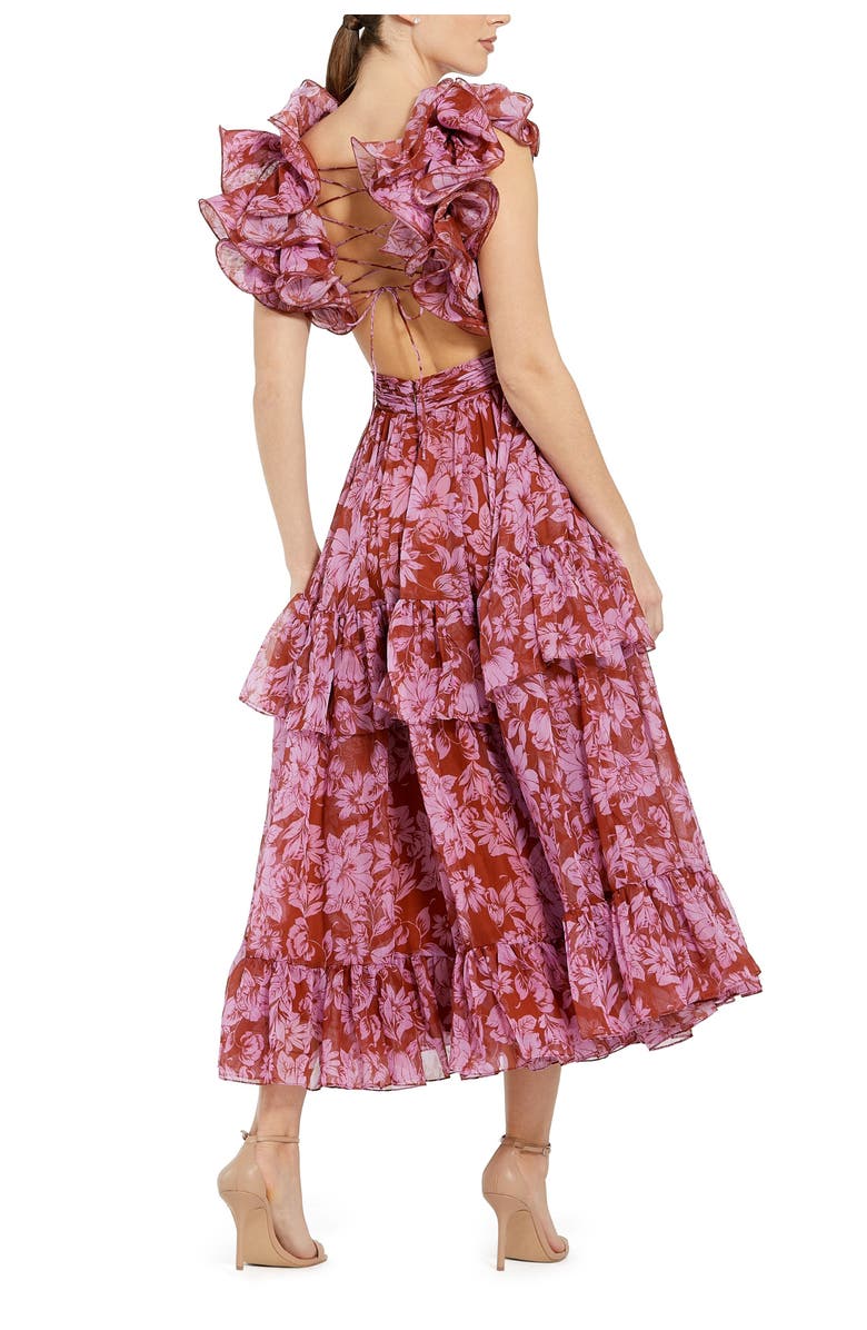 Mac Duggal Floral Ruffle Tiered Cut-Out Chiffon Dress, Alternate, color, Red Multi