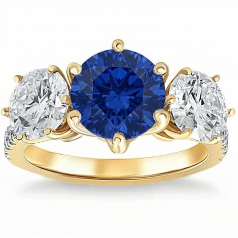 Certified 6 3/4Ct Blue Sapphire Diamond Ring Three Stone Gold Lab Grown